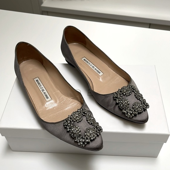 Manolo Blahnik Shoes - MANOLO BLAHNIK HANGISIFLAT Grey Satin Jewel Buckle Flat Pumps